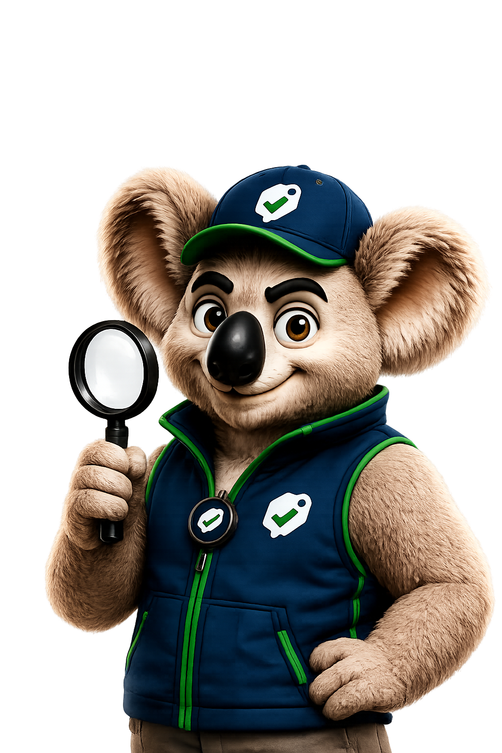 Kola the Quickola koala holding a magnifying glass